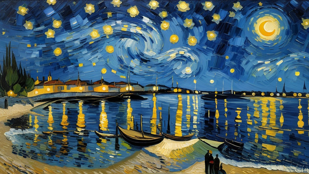 Starry Night Harbor Scene with Crescent Moon and Boats