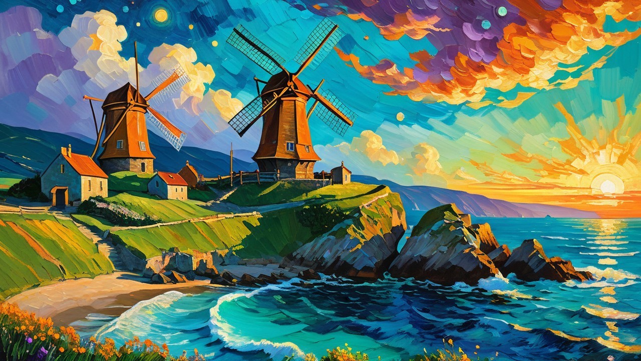 Vibrant Landscape with Windmills and Coastal Cottages