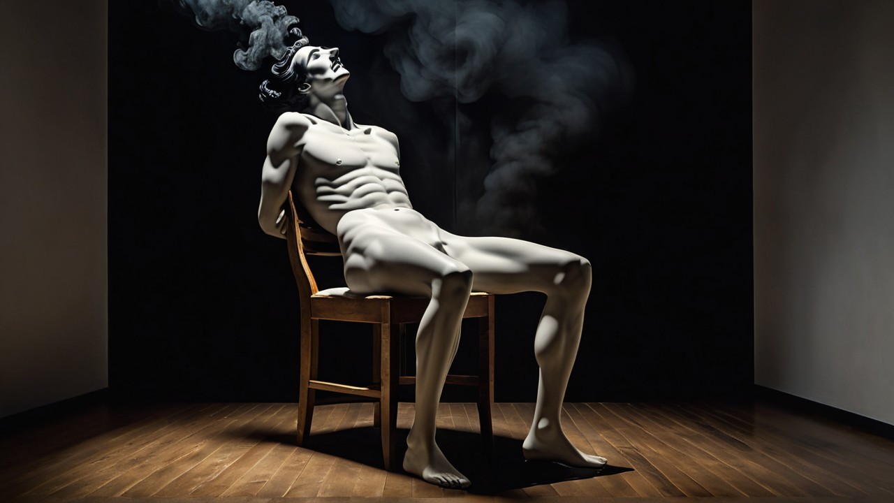 Realistic Muscular Figure in Dimly Lit Space