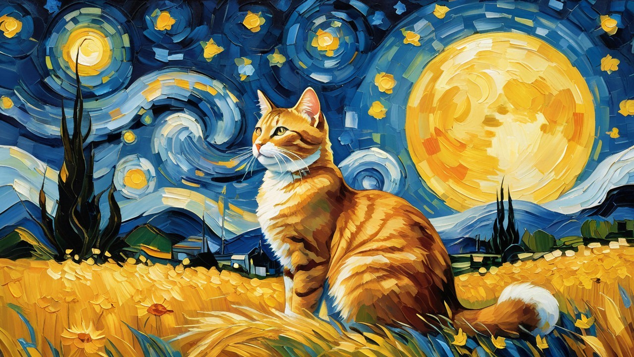 Vibrant Painting of Tabby Cat in Flower Field