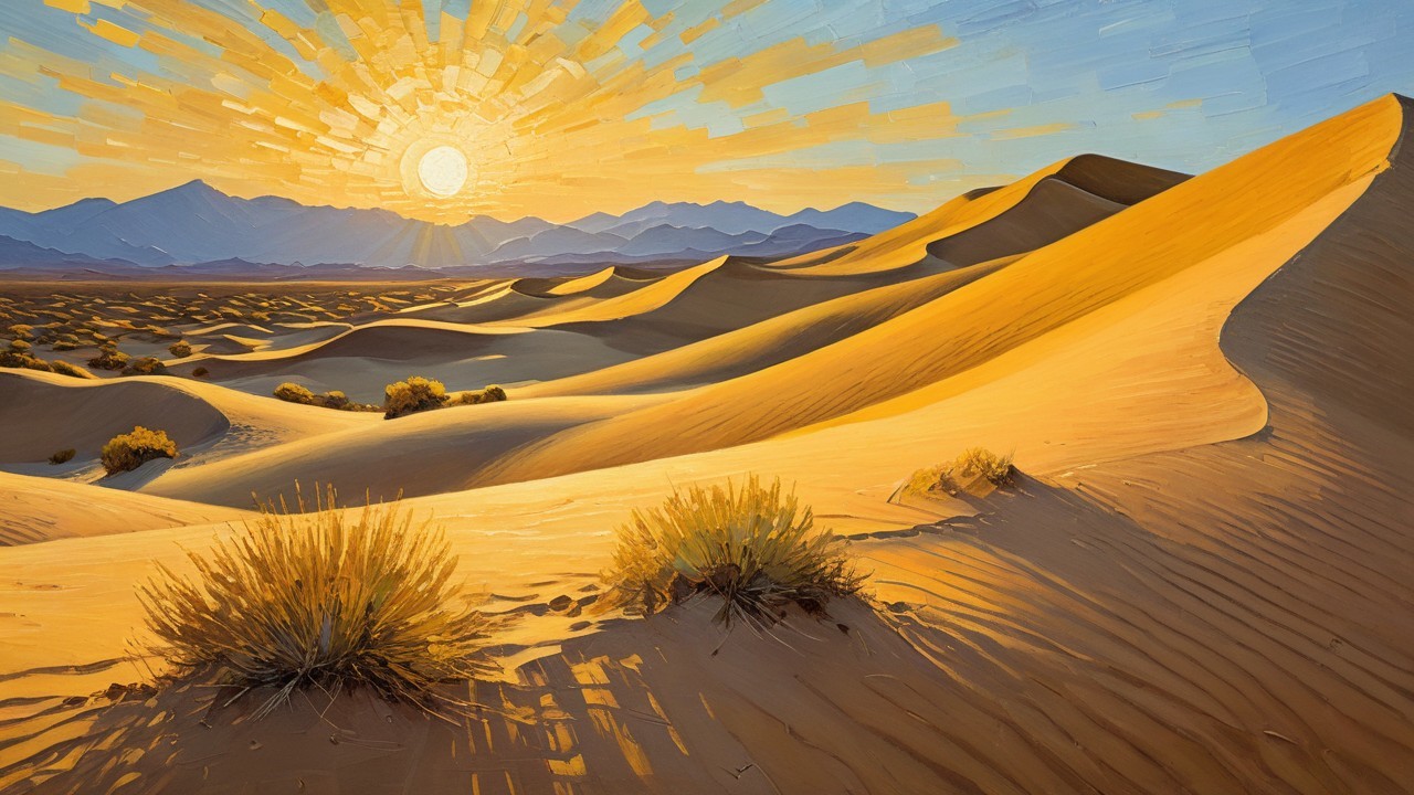 Vibrant Desert Landscape with Golden Sunlight and Dunes