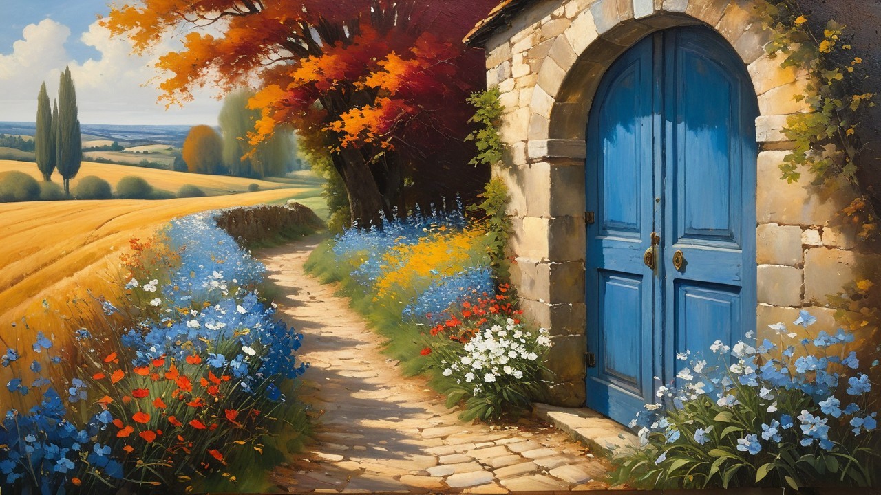 Idyllic Countryside Pathway with Wildflowers and Cottage