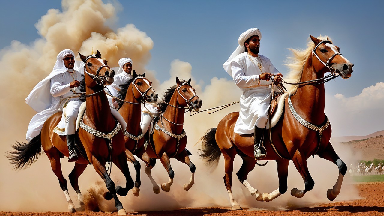 Riders in White Garments Galloping Through Dusty Landscape