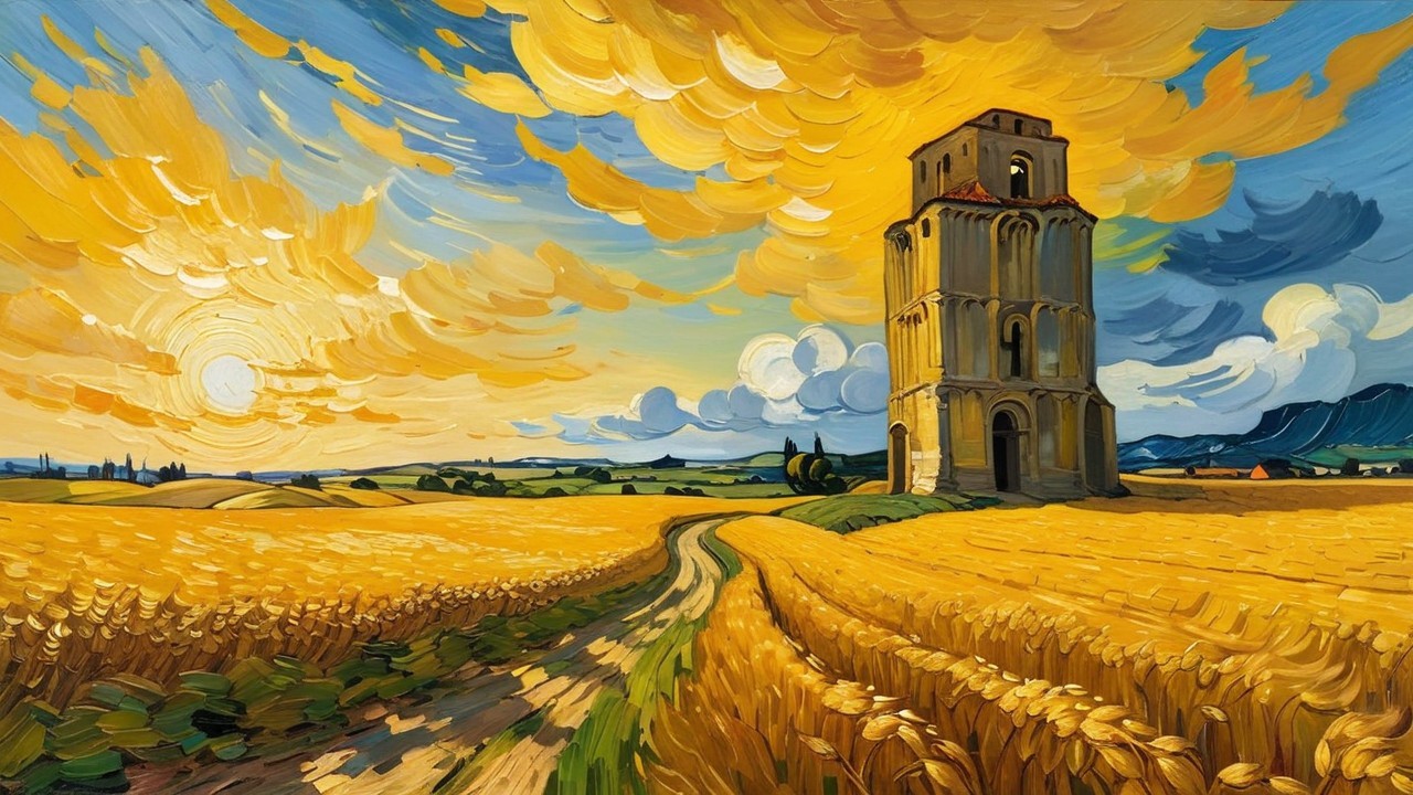 Vibrant Wheat Field Landscape with Historic Tower