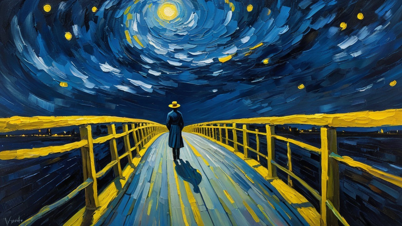 Solitary Figure on a Yellow-Lit Bridge at Night