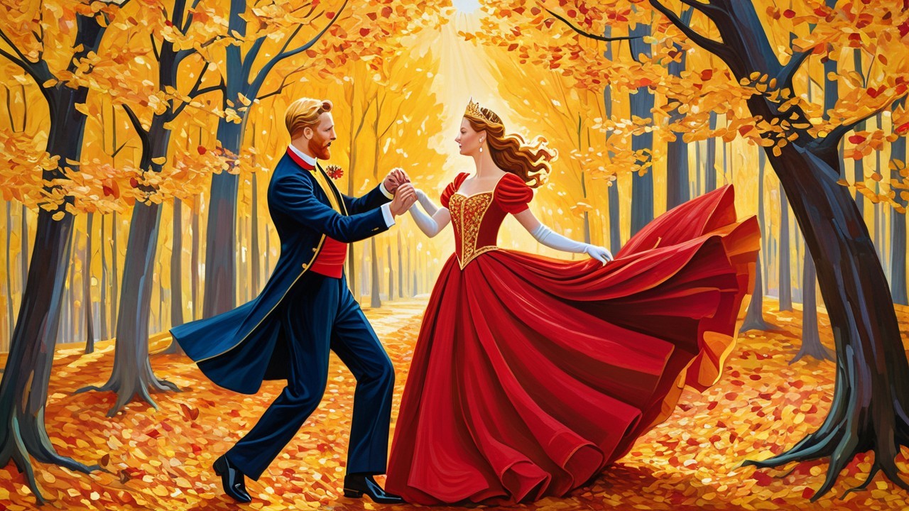 Autumn Forest Dance of Prince and Princess in Warm Hues