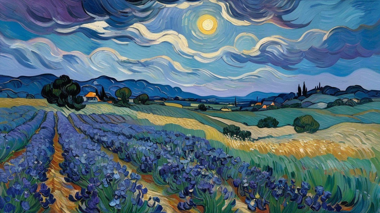 Vibrant Expressionist Landscape with Irises and Mountains