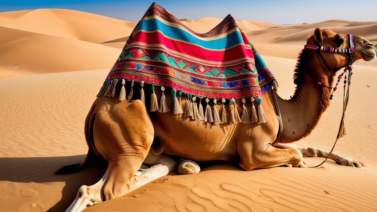 Decorated Camel in Serene Desert Landscape
