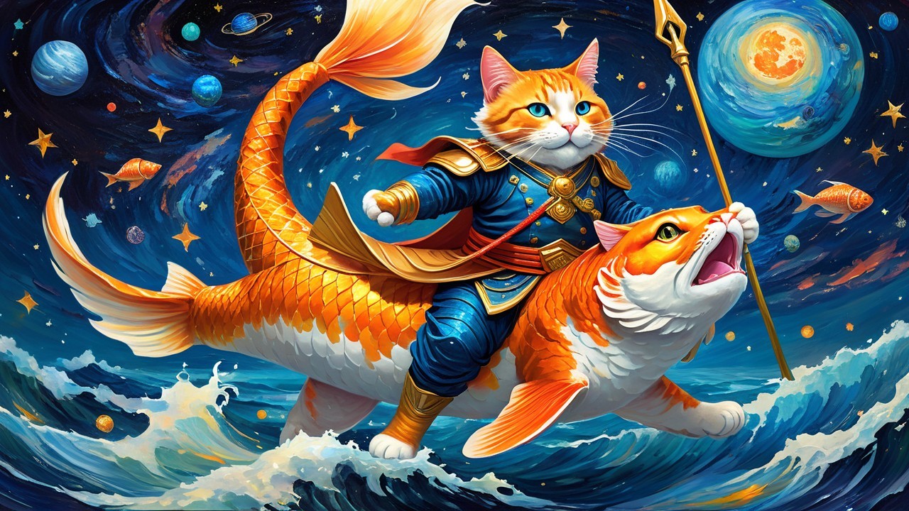 Regal Cat in Armor Riding Goldfish in Cosmic Scene