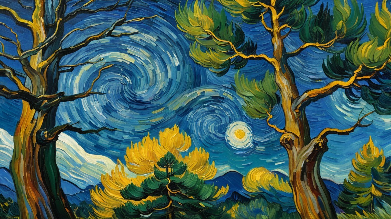 Van Gogh Inspired Night Sky with Trees and Landscape
