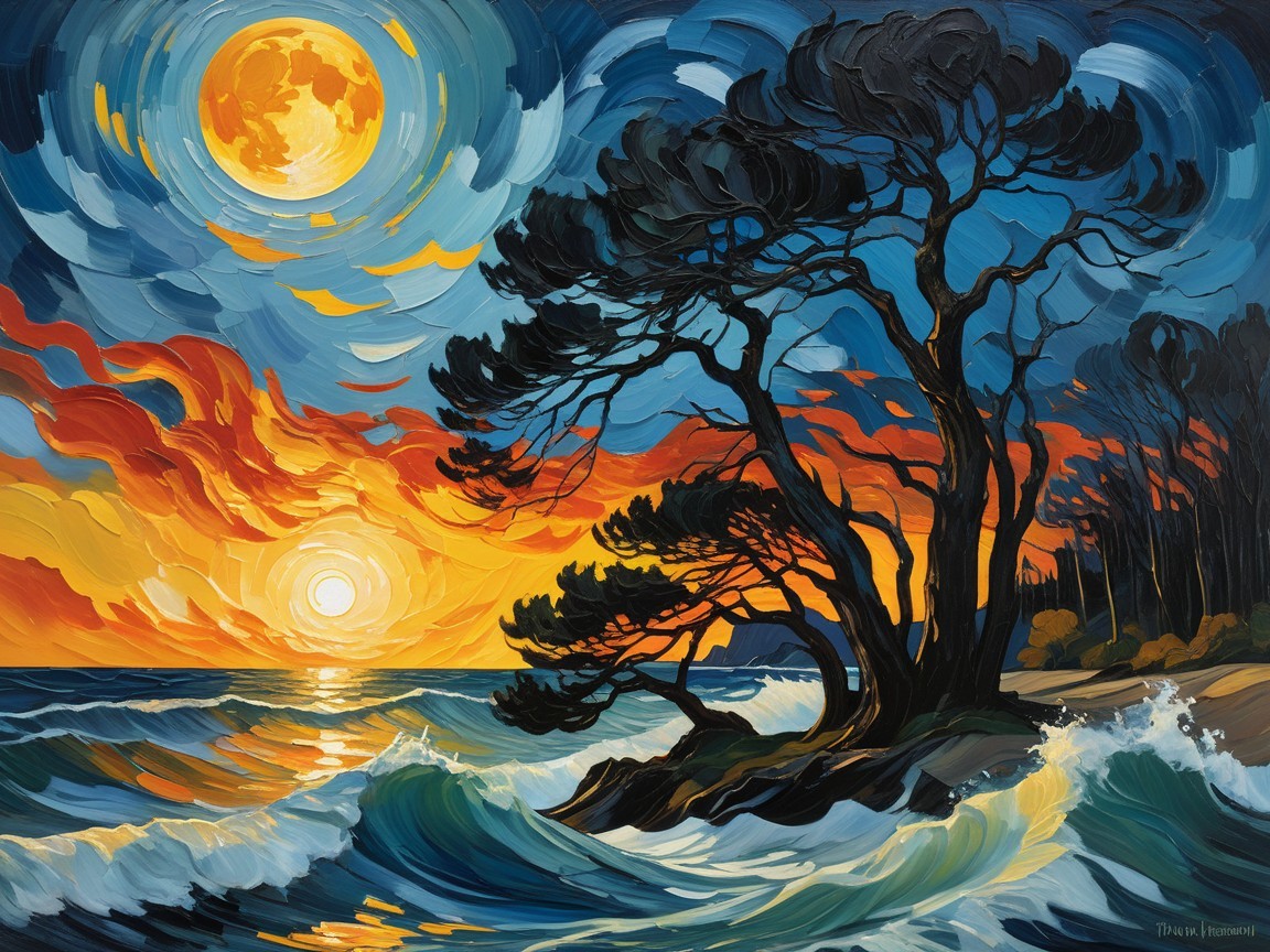 Vibrant Coastal Scene at Dusk with Dramatic Colors