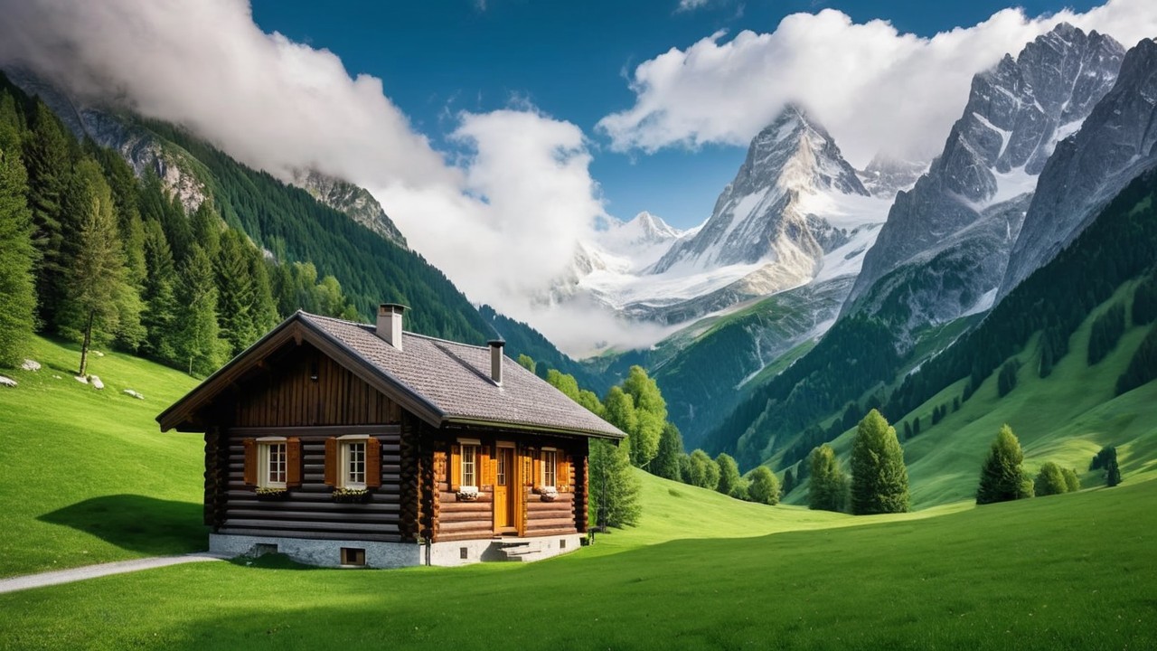 Wooden Cabin in Lush Valley Surrounded by Mountains