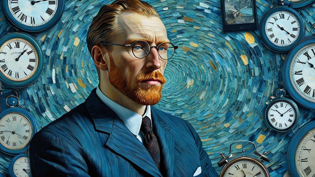 Stylized portrait of a man with red beard and glasses