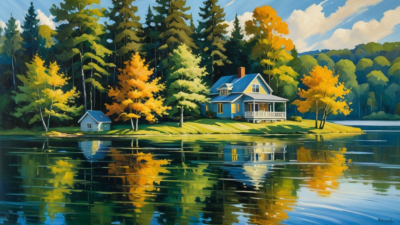 Lakeside Scene with Blue House and Forested Landscape
