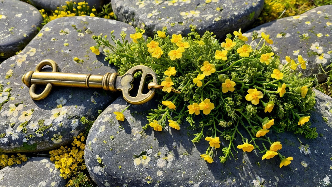 Vintage Key on Dark Stones with Green Foliage and Flowers