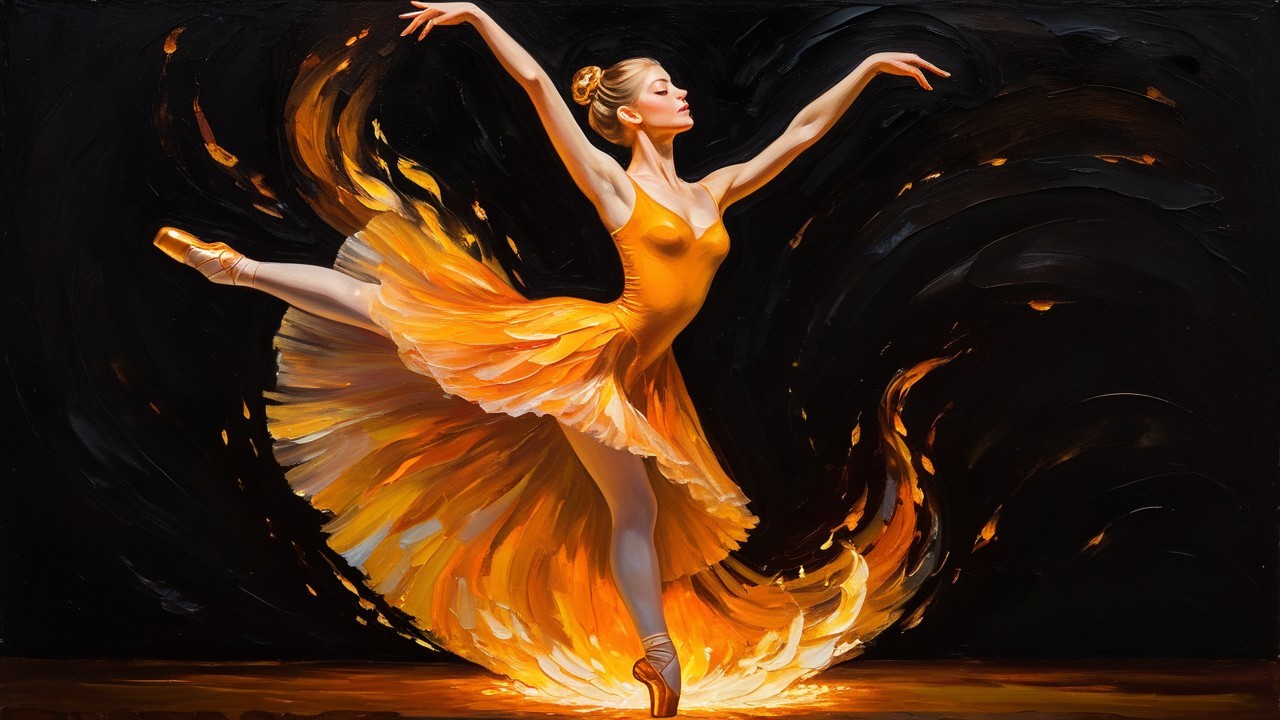 Ballerina in Orange Dress Against Dark Background