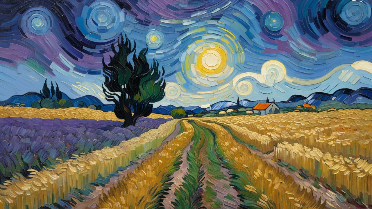 Vibrant Landscape with Wheat Fields and Starry Sky