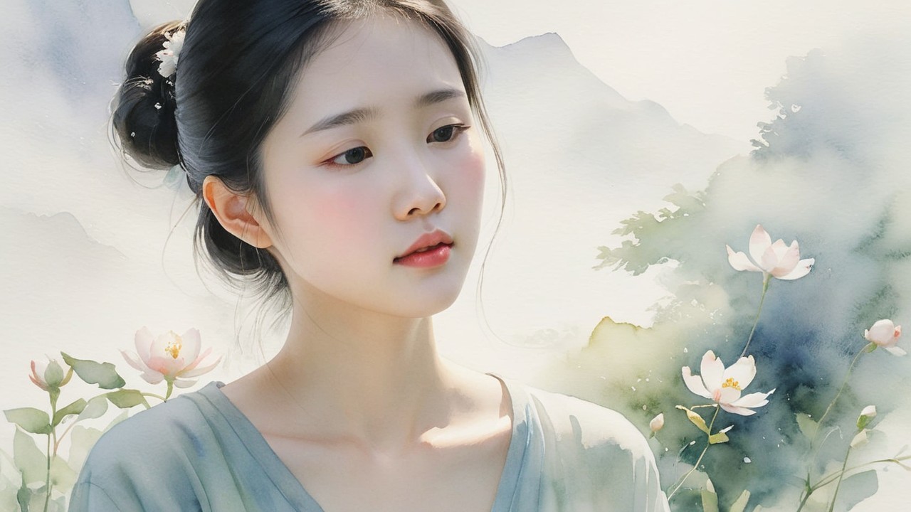 Young woman in serene pose with watercolor background