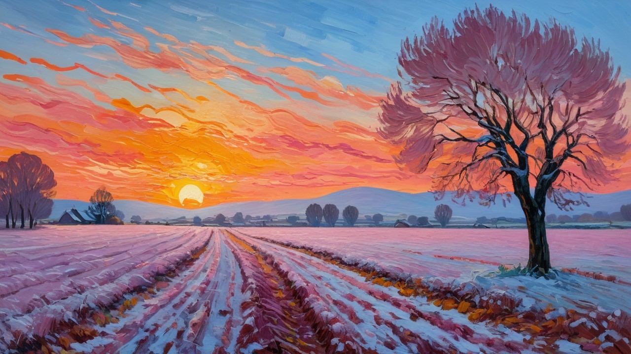 Winter Sunset Landscape with Silhouetted Tree