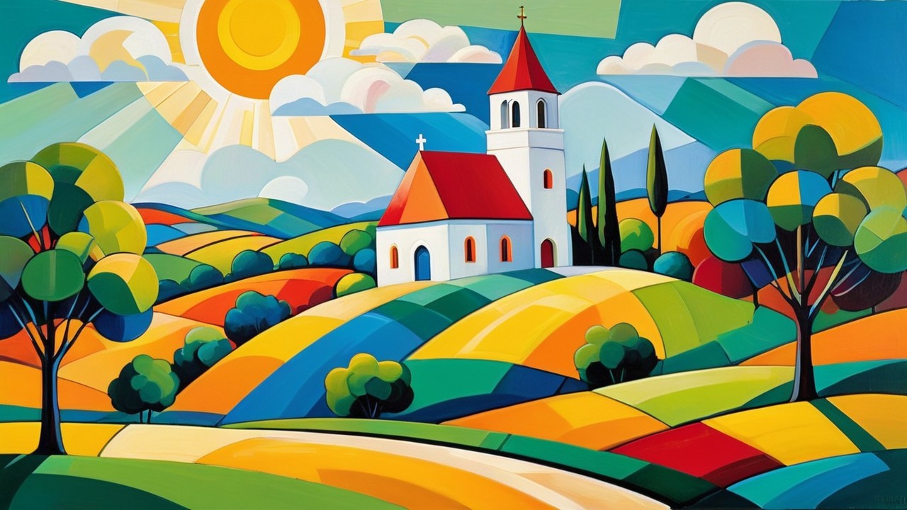 Vibrant Abstract Landscape with Church and Cypress Trees