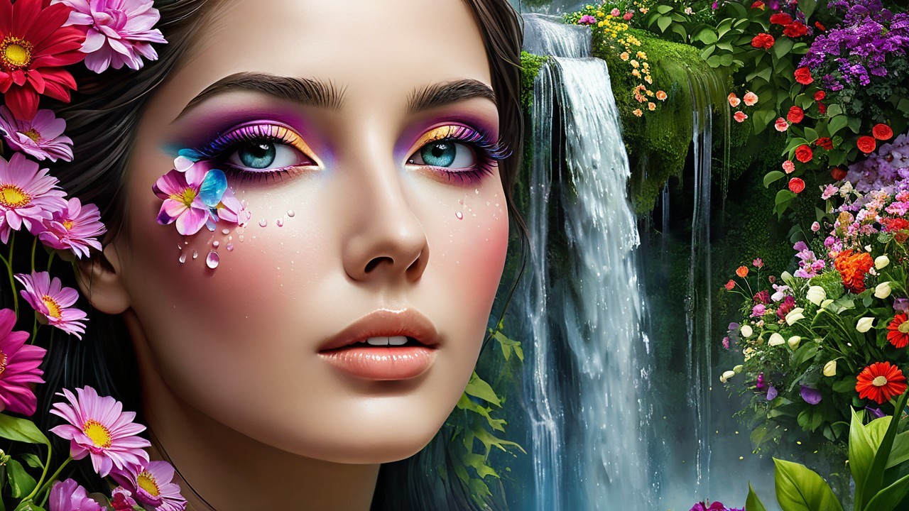Close-up of a woman with vibrant makeup and flowers