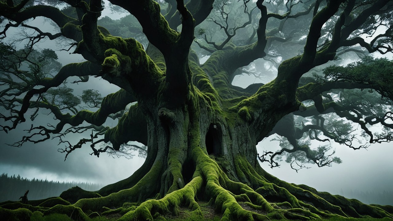 Ancient Tree with Gnarled Trunk and Lush Moss