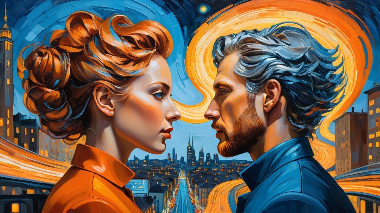 Abstract Portrait of Couple in Dynamic Cityscape