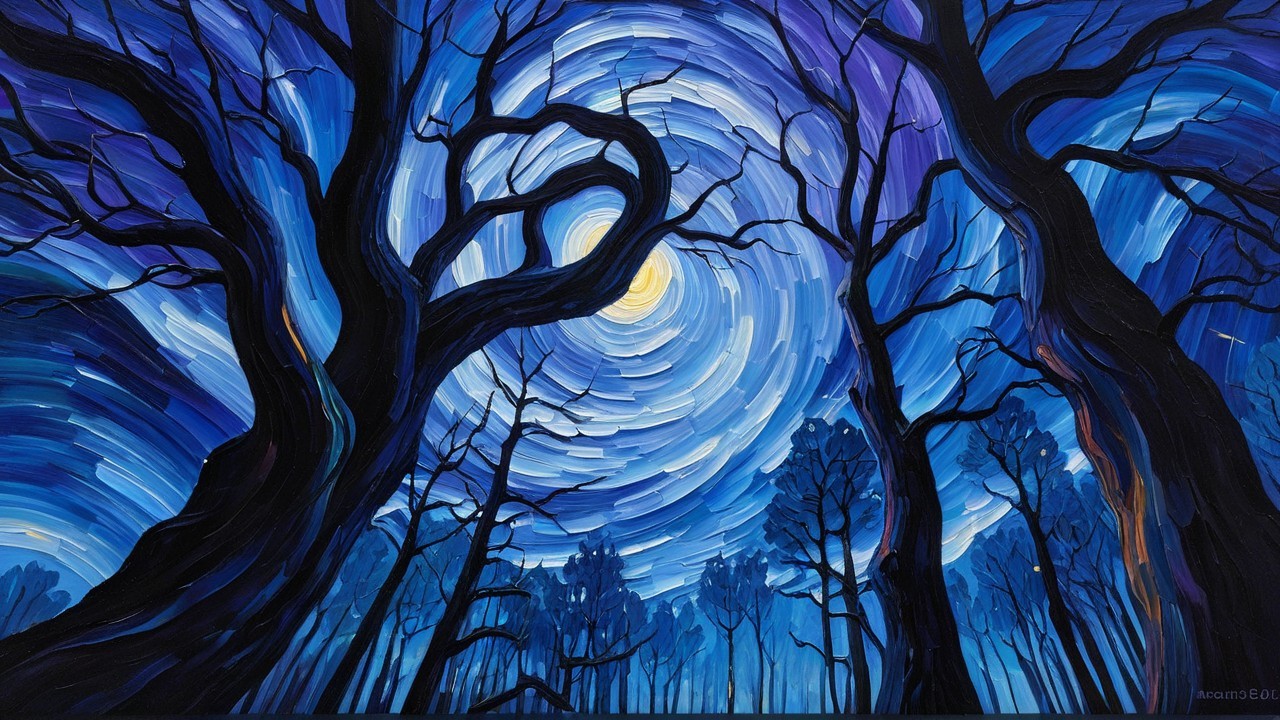 Swirling Night Sky with Moon and Tree Silhouettes