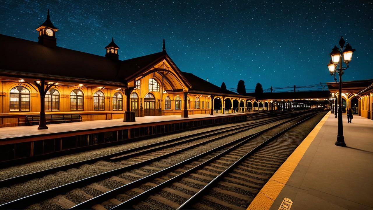 Illuminated Vintage Train Station at Night