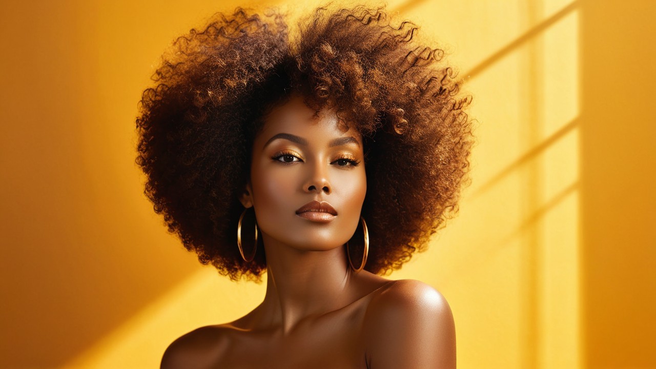 Portrait of a woman with curly hair and golden eyeshadow