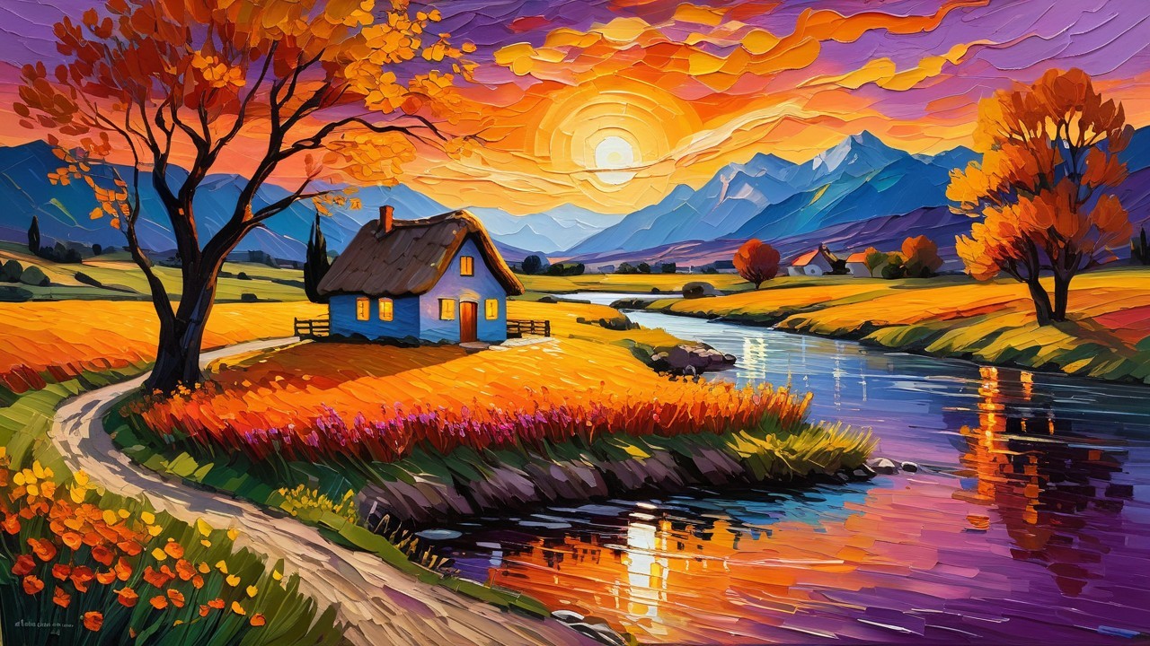 Vibrant Sunset Over Tranquil Landscape with Cottage