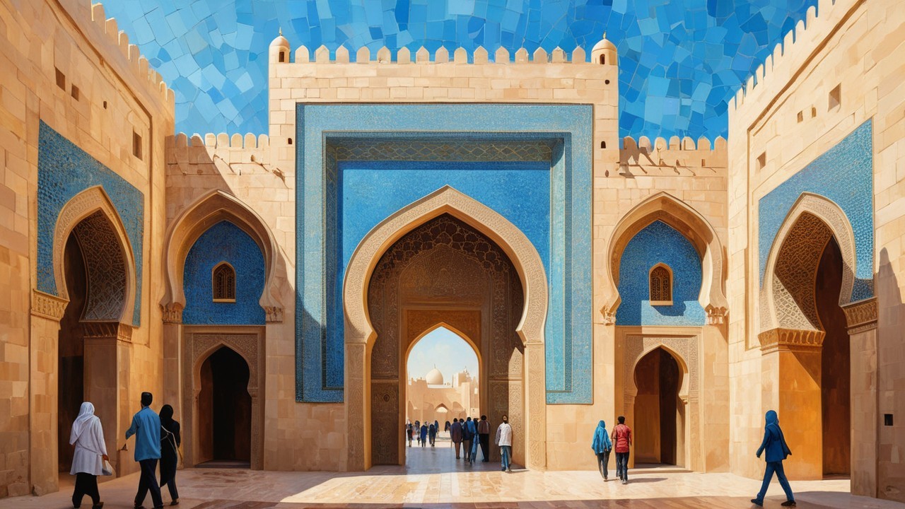 Grand architectural space with blue tile work and arches