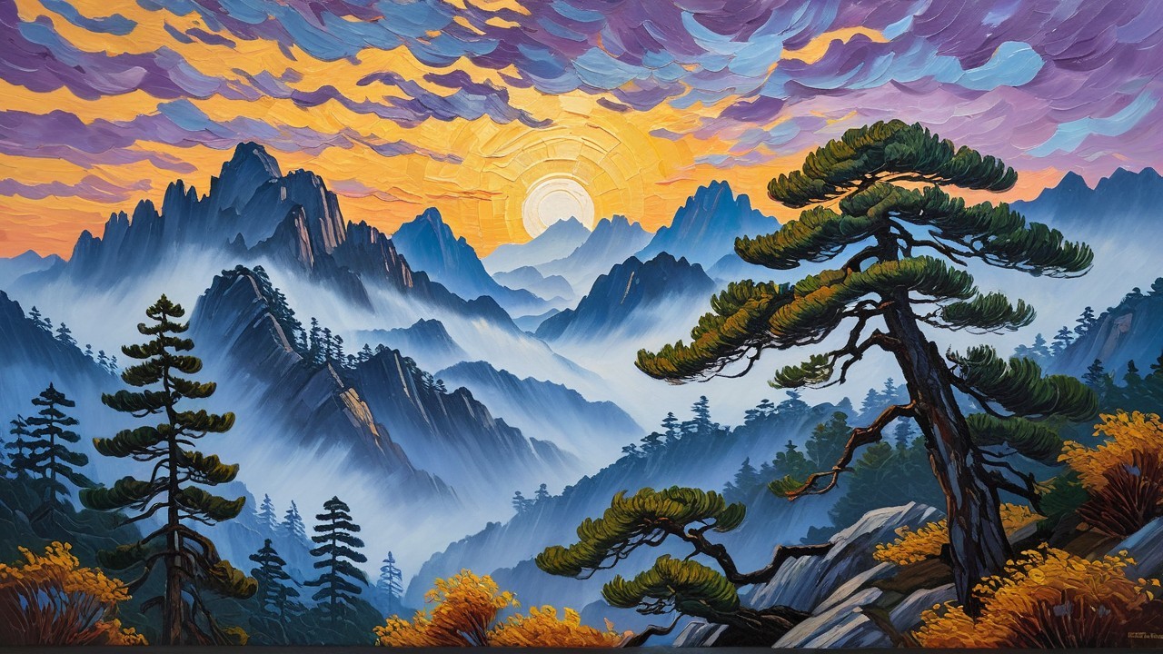 Mountain Range at Sunrise with Pine Trees and Mist