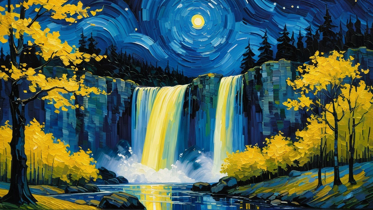 Majestic Waterfalls Under Moonlit Night Sky