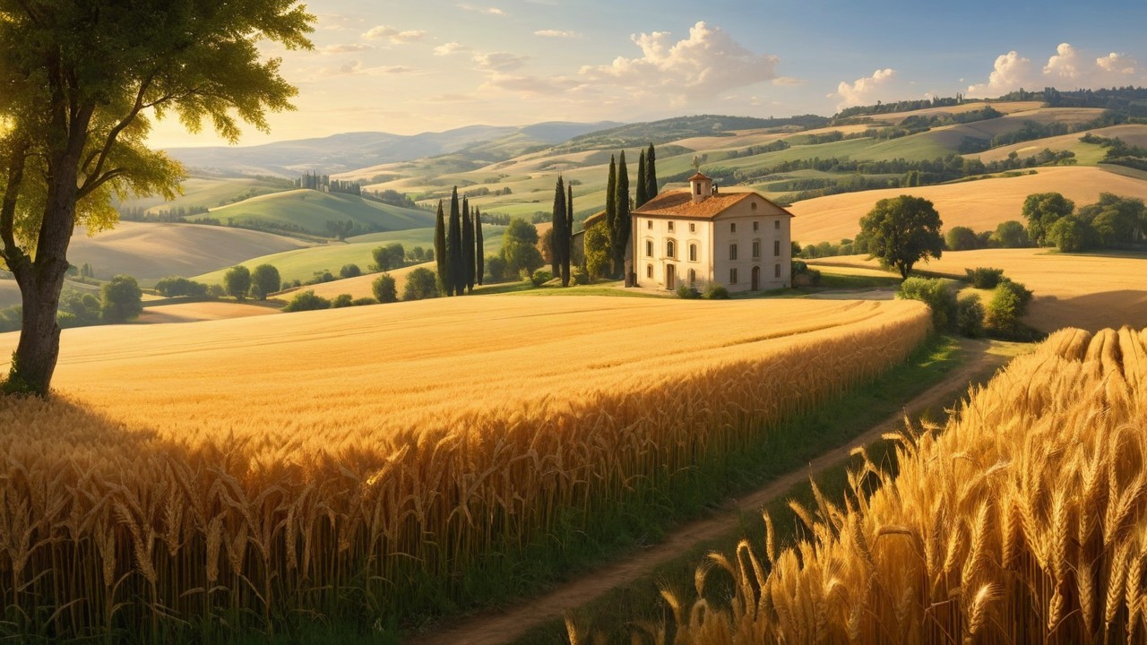 Countryside Landscape with Wheat Fields and Farmhouse