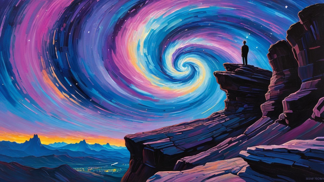 Cosmic Landscape with Figure and Swirling Galaxy