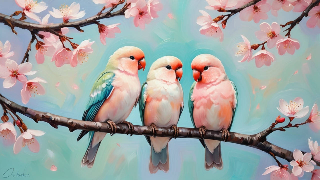 Pastel Birds on Cherry Blossom Branch in Spring Scene
