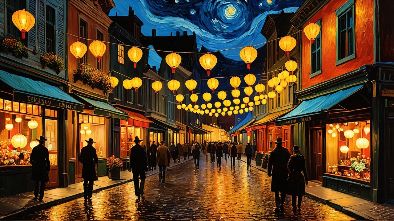 Charming Night Street Scene with Lanterns and Vintage Style