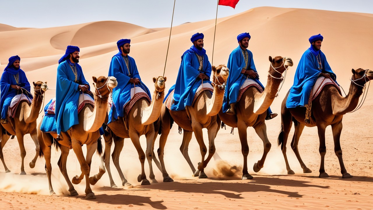 Men in Blue Robes Riding Camels in Desert Dunes