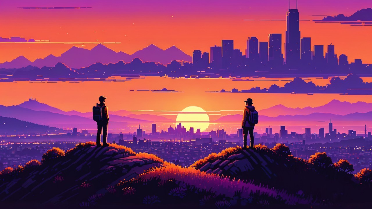 Silhouetted Figures Overlooking Sunset and City Skyline