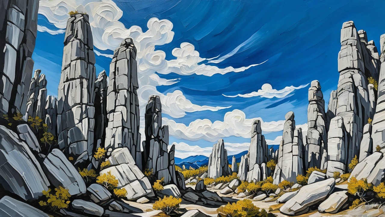 Landscape Oil Painting with Gray Boulders and Blue Sky