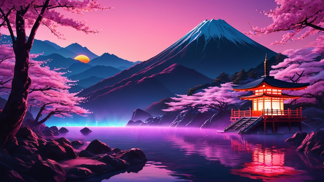 Tranquil Lake and Sunset with Cherry Blossoms and Pagoda