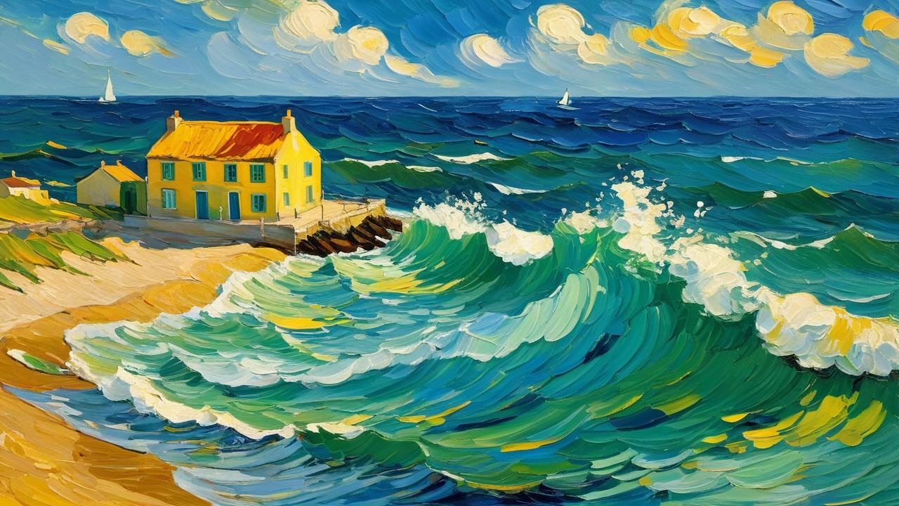 Vibrant Oil Painting of Choppy Ocean Scene