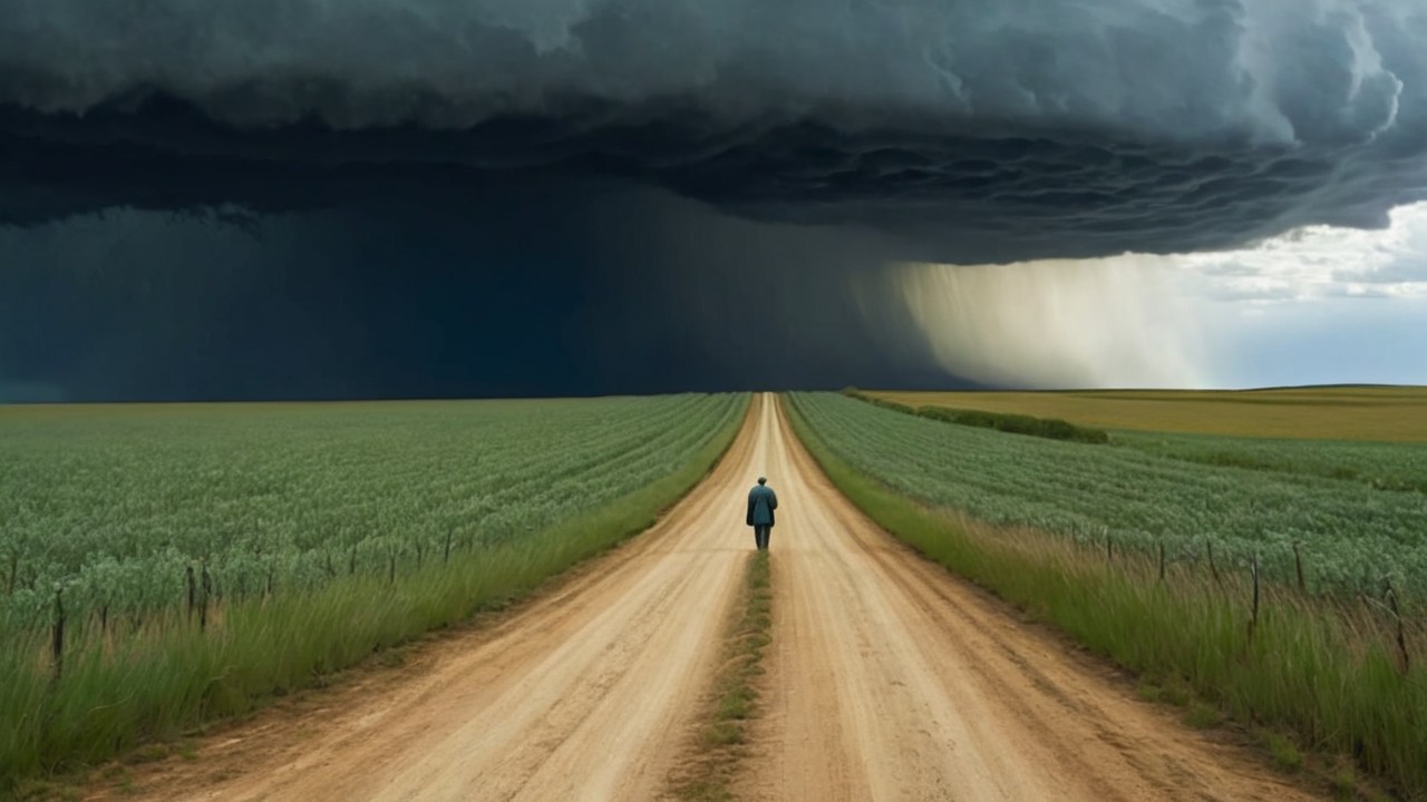 Solitary Figure on Dusty Road Under Dramatic Sky