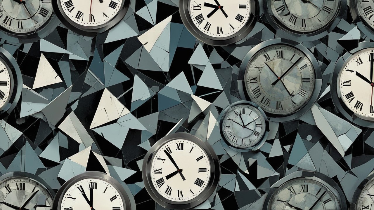 Collage of Roman Numeral Clocks on Geometric Background
