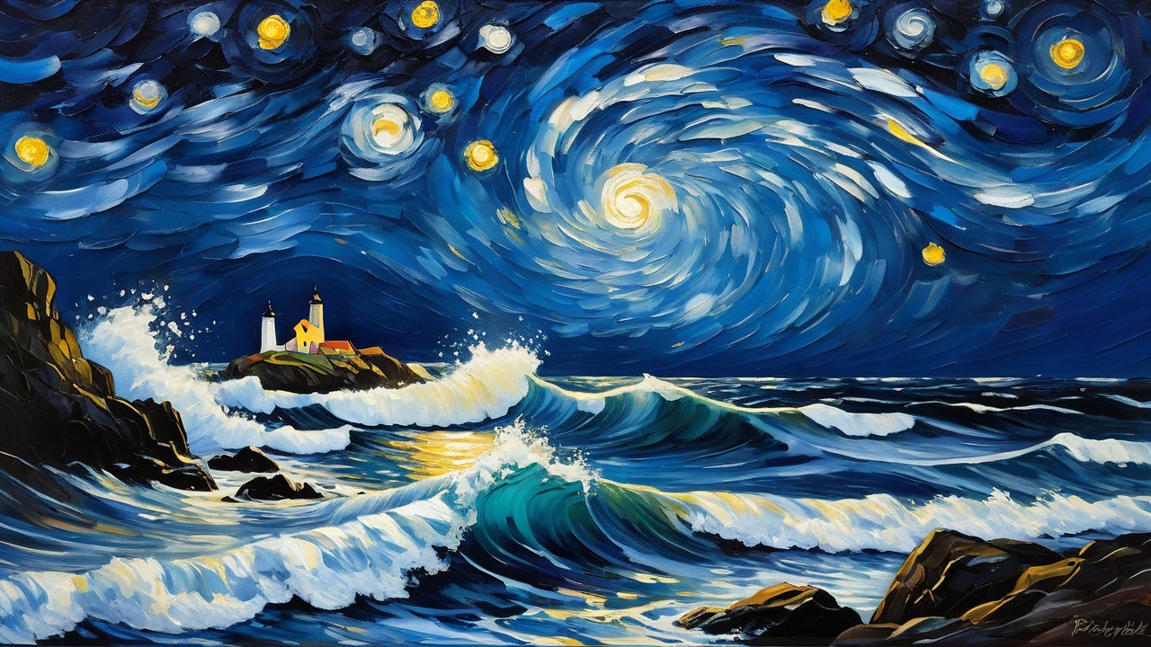 Stormy Sea Lighthouse Landscape in Impressionistic Style