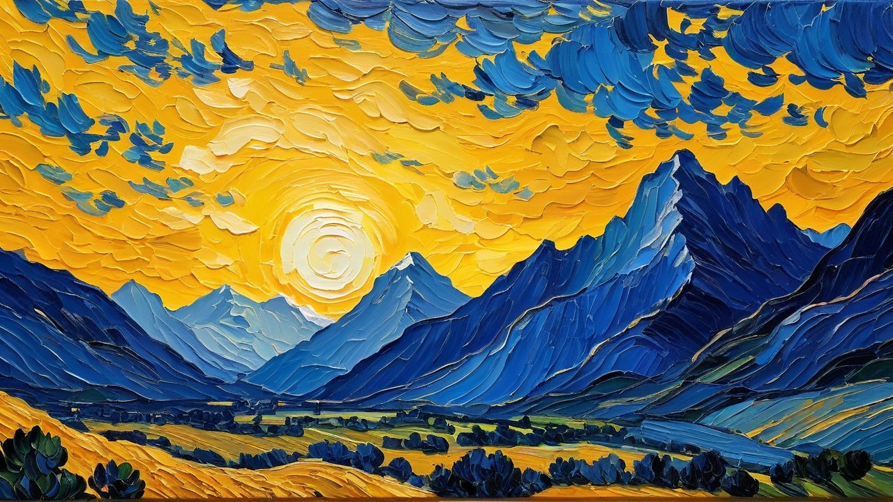 Impressionistic Oil Painting of Mountain Landscape at Sunset