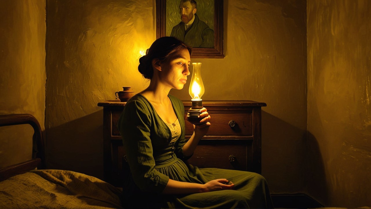 Woman in Vintage Dress Holding Oil Lamp in Dim Room