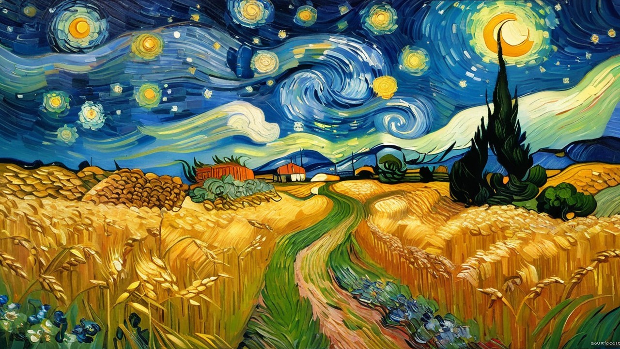 Colorful Painting of Starry Night Over Wheat Field