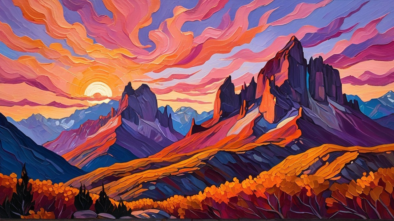 Majestic Mountains and Sunset Over Vibrant Landscape